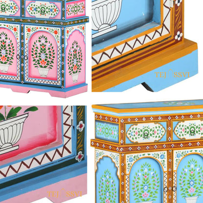 Blue and Pink Painted 3 Door Sideboard / Cabinet | Bedside, Side Table, Hand Painted, Wooden Big Cabinet, Living Room Furniture/Fine Panting