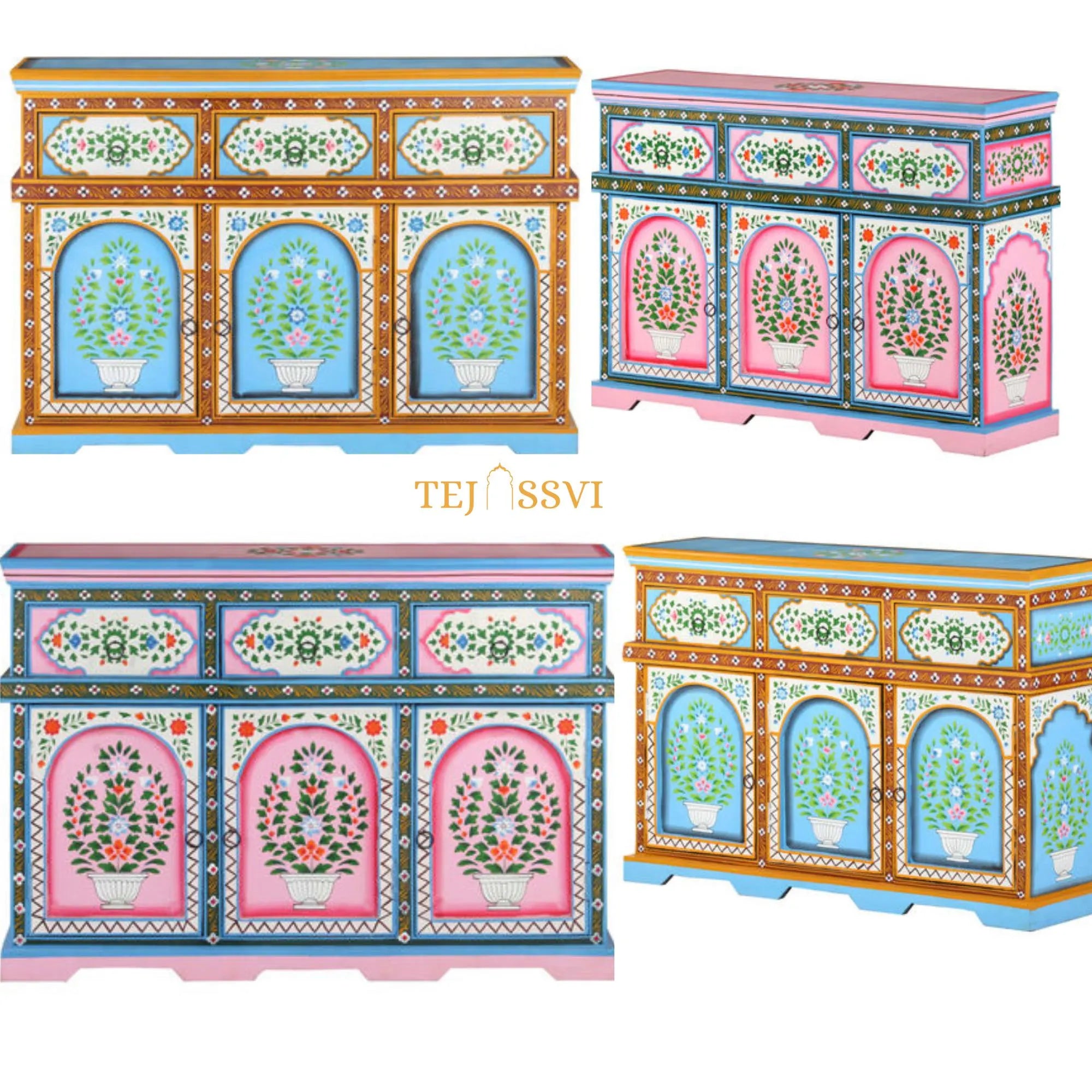 Blue and Pink Painted 3 Door Sideboard / Wooden Cabinet / Wooden Side Table / Wooden Hand Painted / Wooden Big Cabinet / Living Room Furniture / Hand Panting.