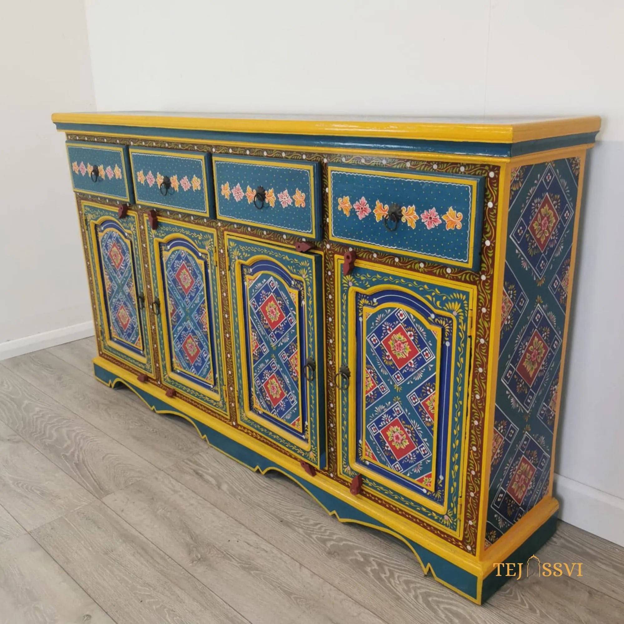 Wooden Floral Designed Sideboards / Wooden Cabinet / Hand Painted Wooden Big Cabinet For Living Room Furniture .