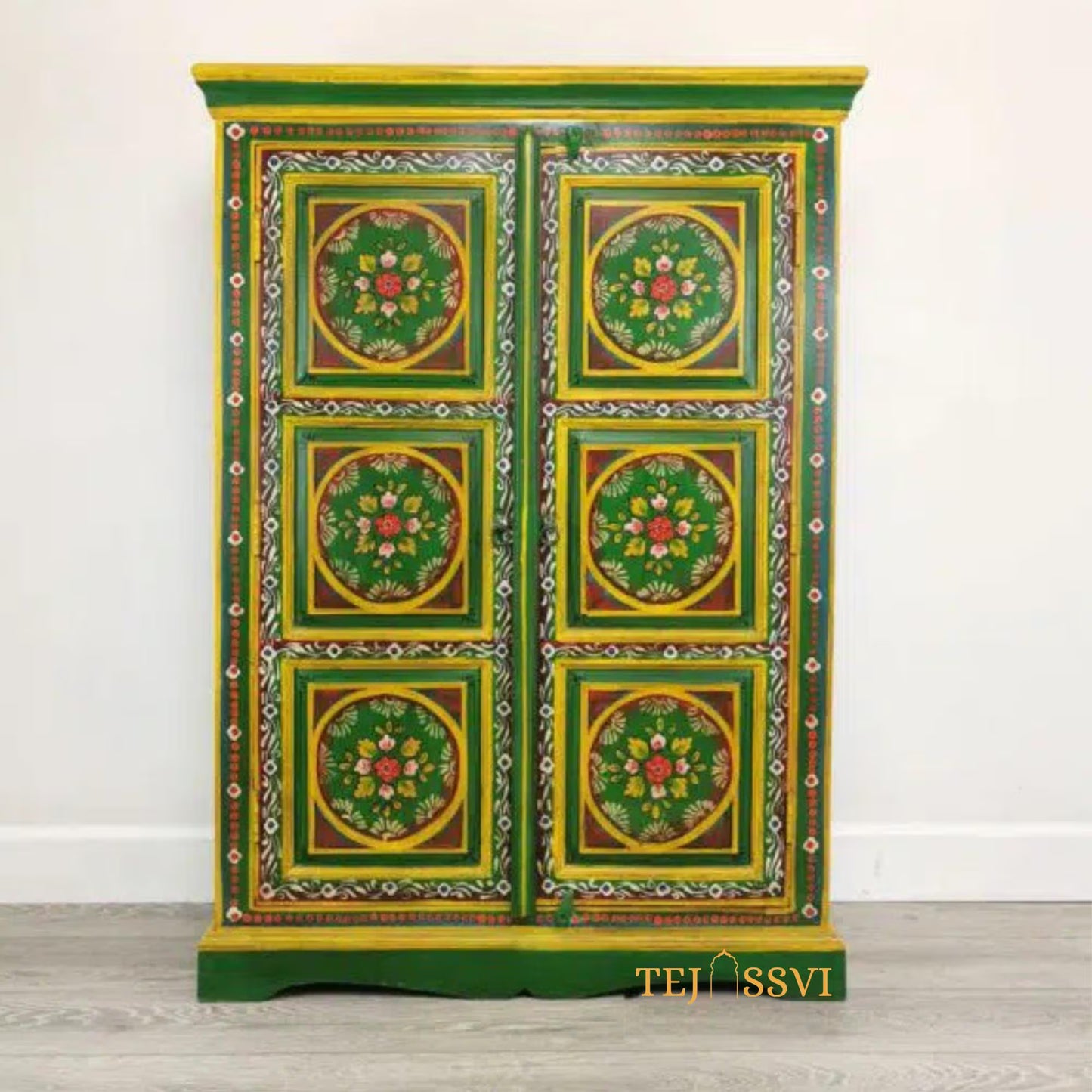 wooden Indian Floral designed Side Storage / Cabinet | Bedside, Side Table, Hand Painted, Wooden Big Cabinet, Living Room Furniture, Fine Panting.