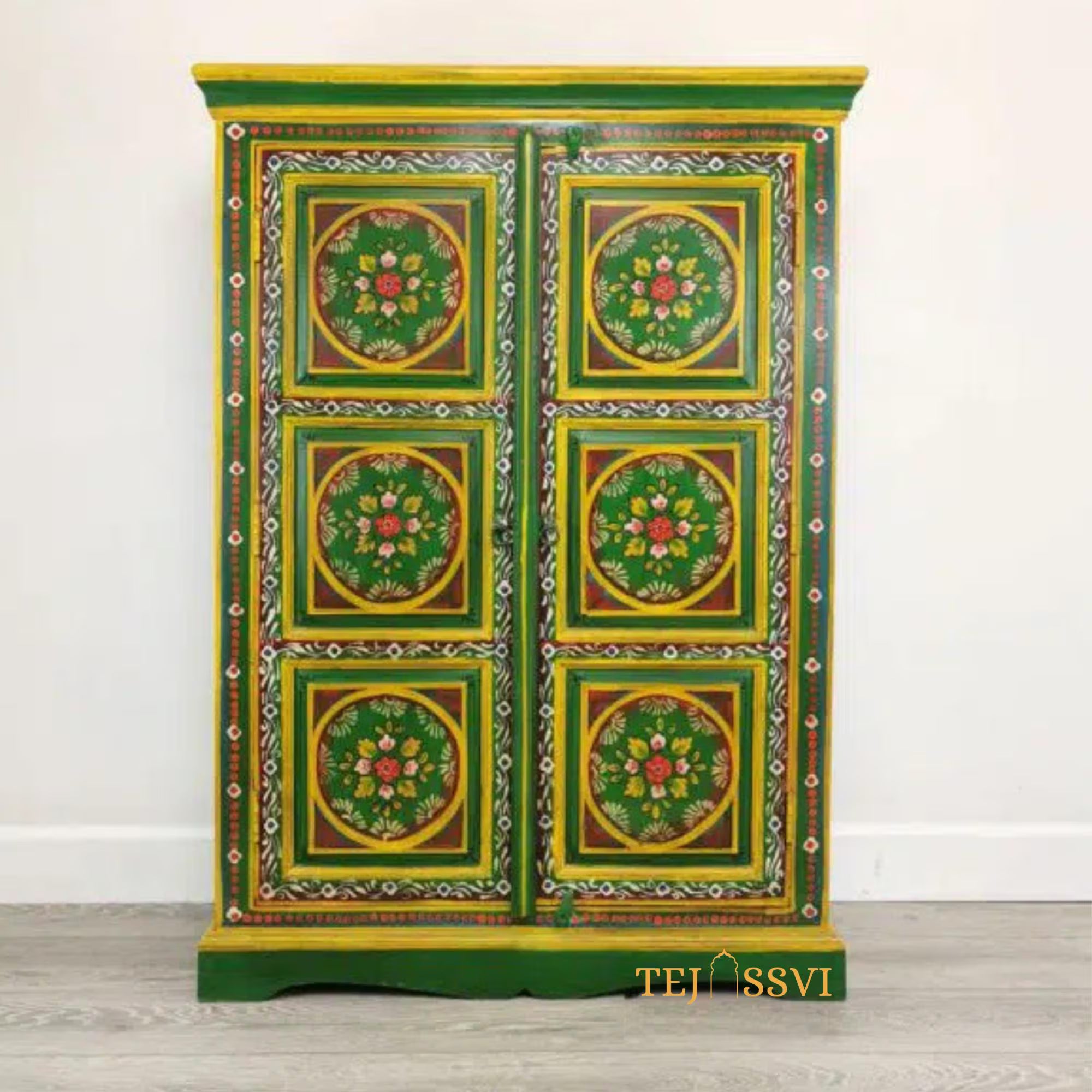 Wooden Indian Floral Designed Side Storage / Wooden Cabinet / Hand Painted Wooden Big Cabinet For Living Room Furniture .