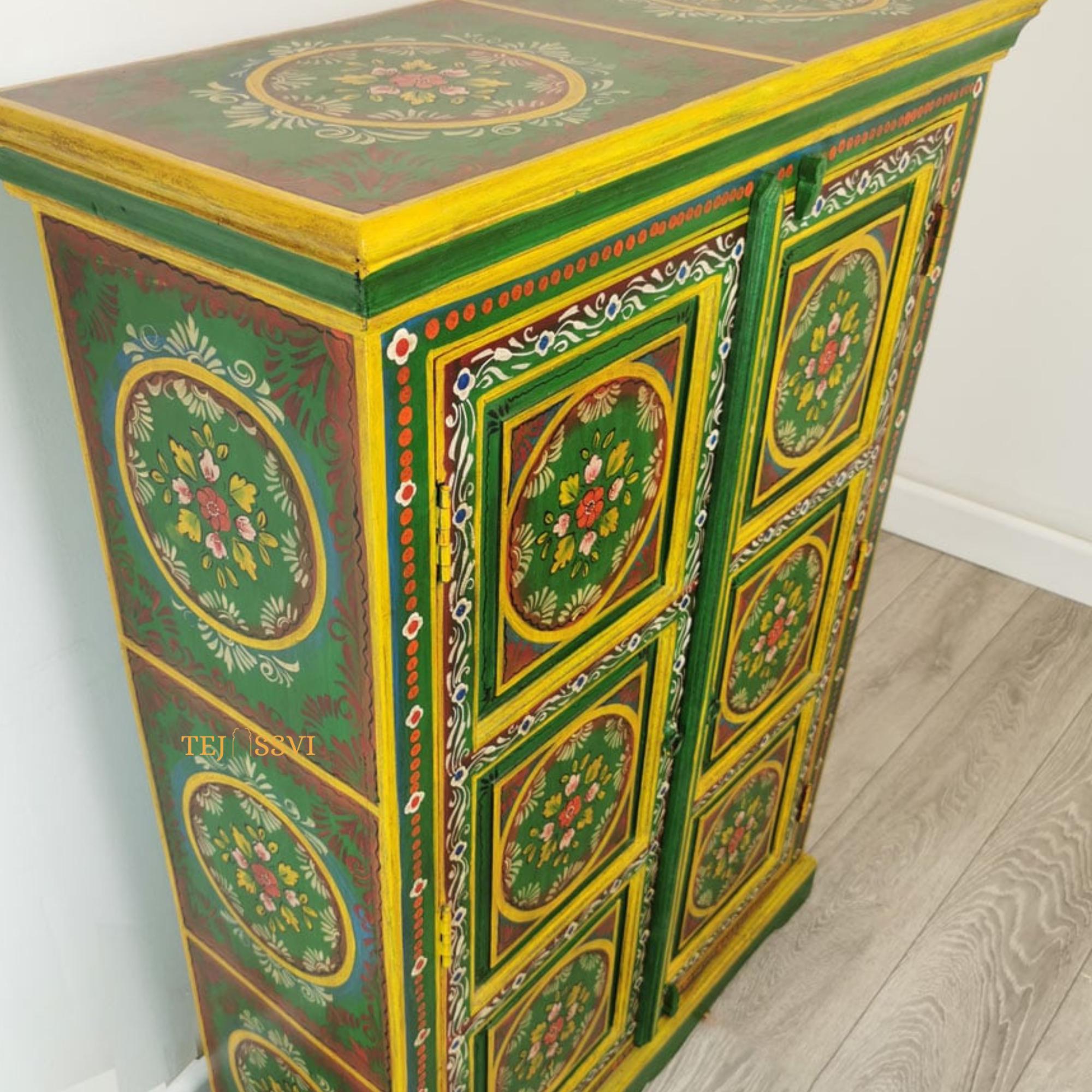 Wooden Indian Floral Designed Side Storage / Wooden Cabinet / Hand Painted Wooden Big Cabinet For Living Room Furniture .