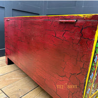 Vintage Hand Painted Wooden Trunk and Coffee Table Storage Chest Rustic