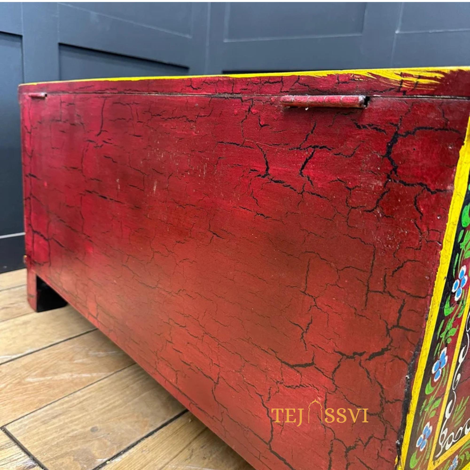 Vintage Hand Painted Wooden Trunk and Coffee Table Storage Chest Rustic