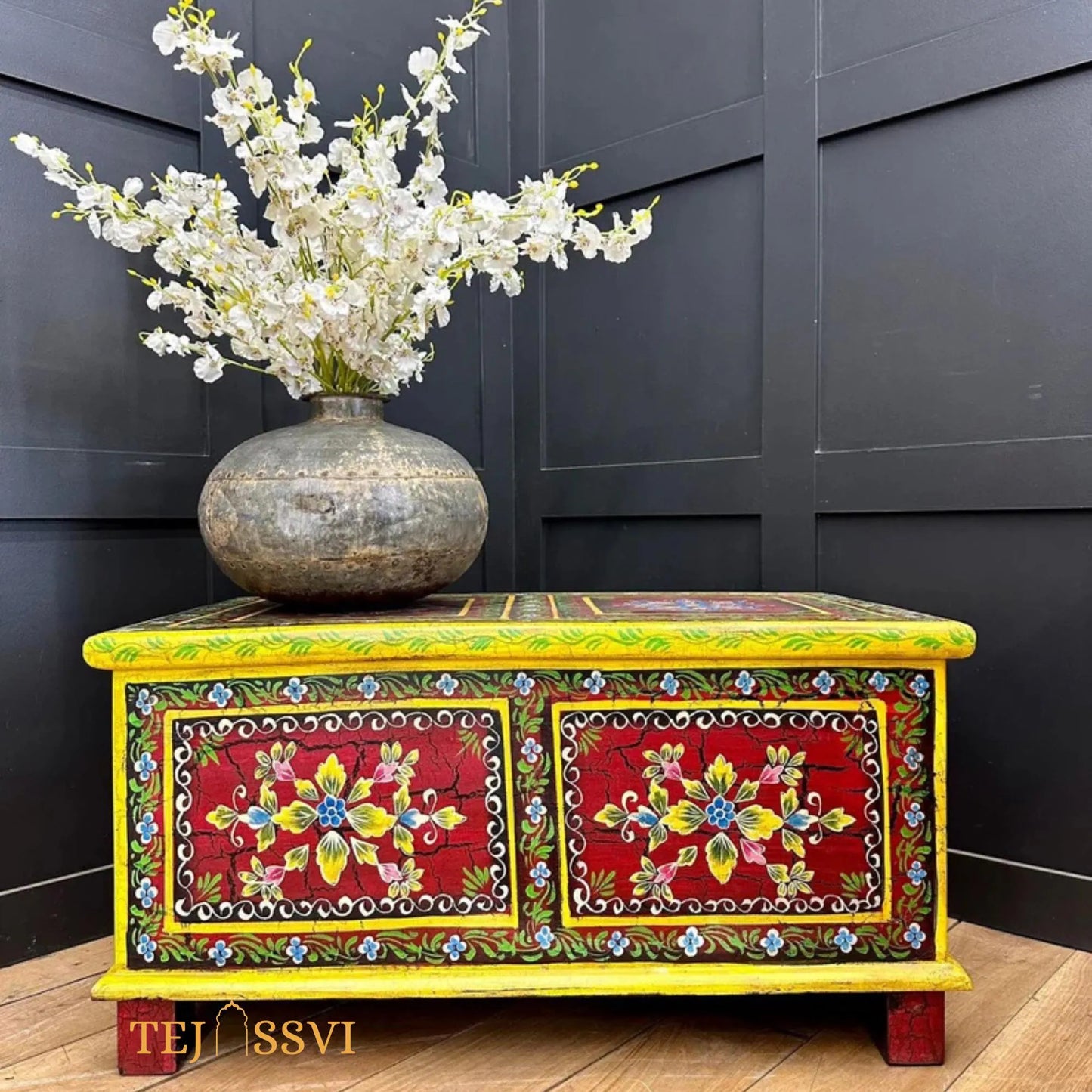 Vintage Hand Painted Wooden Trunk and Coffee Table Storage Chest Rustic