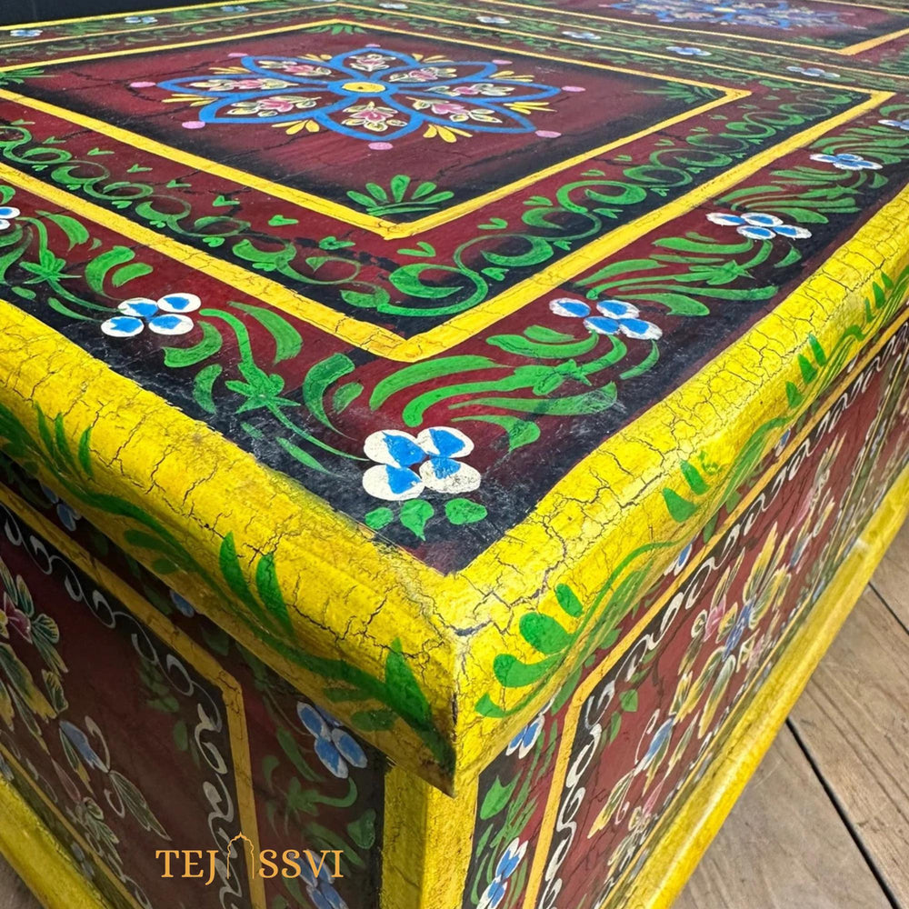 Vintage Hand Painted Wooden Trunk and Coffee Table Storage Chest Rustic