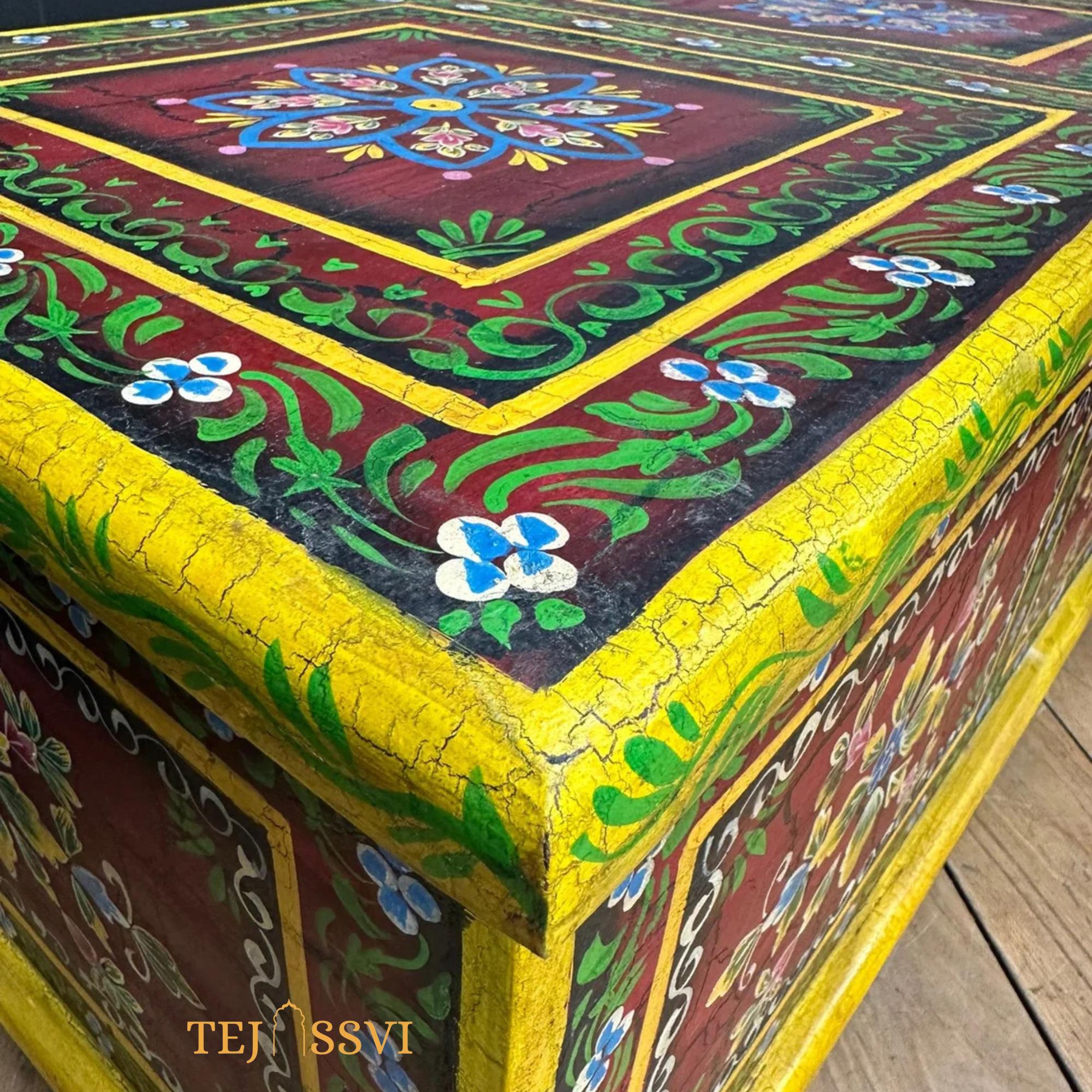 Vintage Hand Painted Wooden Trunk and Coffee Table Storage Chest Rustic