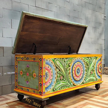 Green color Hand Carved Hand Painted Colourful Storage Trunk Table, Blanket Storage Unit, Bed Side Table, Carved Bench, Center Table.
