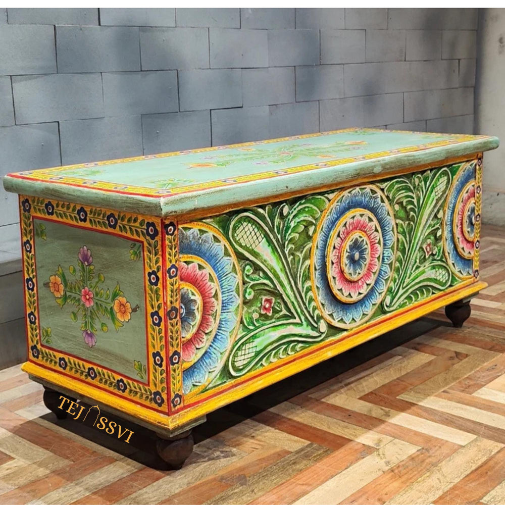 Wooden Hand Carved Hand Painted Colorful Storage Trunk Table / Blanket Storage Unit / Bed Side Table /  Carved Bench / Wooden Center Table.
