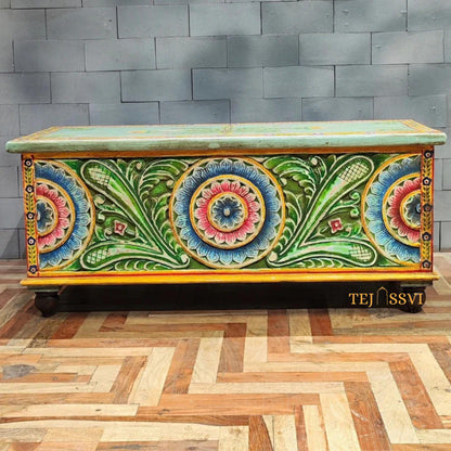 Green color Hand Carved Hand Painted Colourful Storage Trunk Table, Blanket Storage Unit, Bed Side Table, Carved Bench, Center Table.