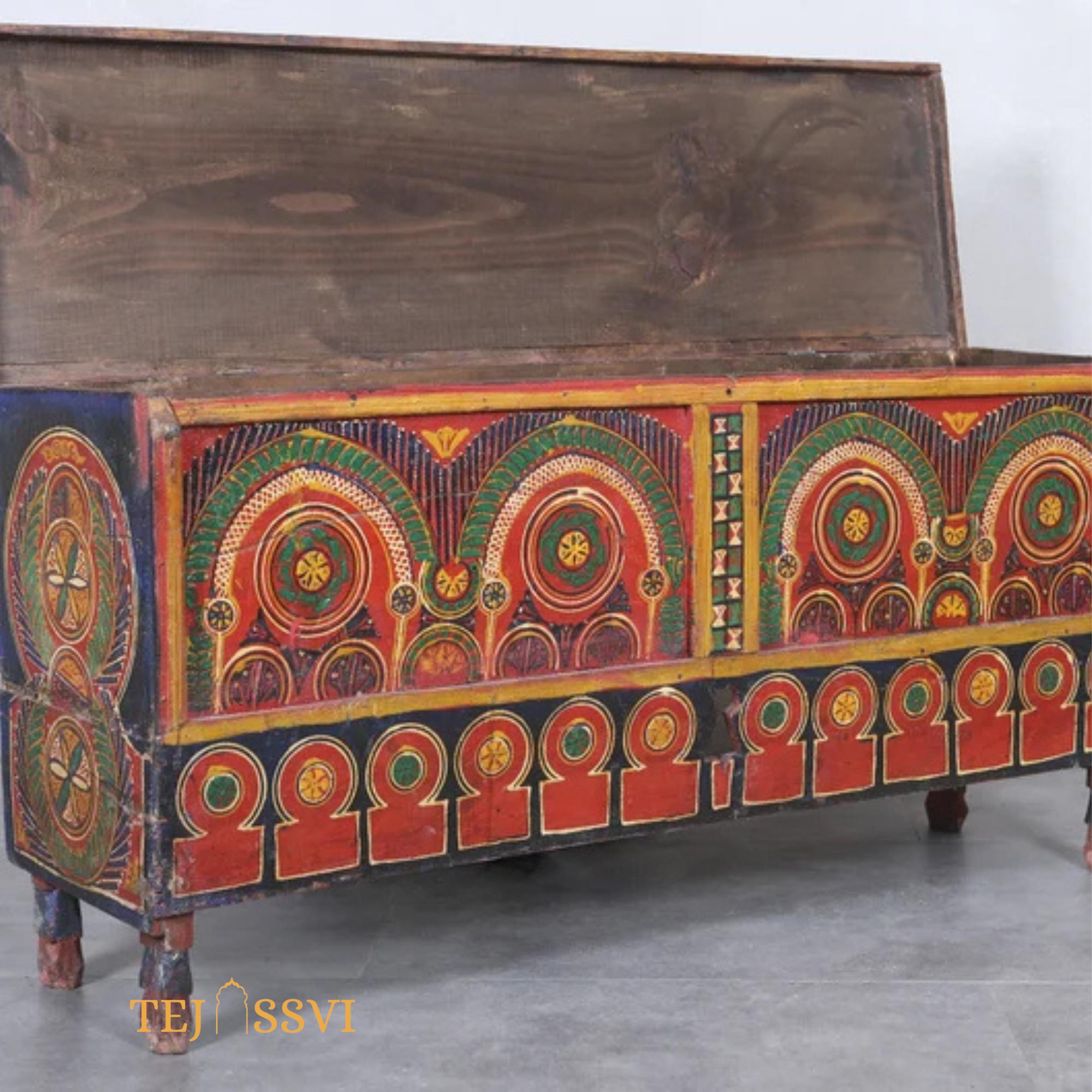 Vintage Stylish Hand Painted Chest Moroccan Box Hand Carved Storage Trunk