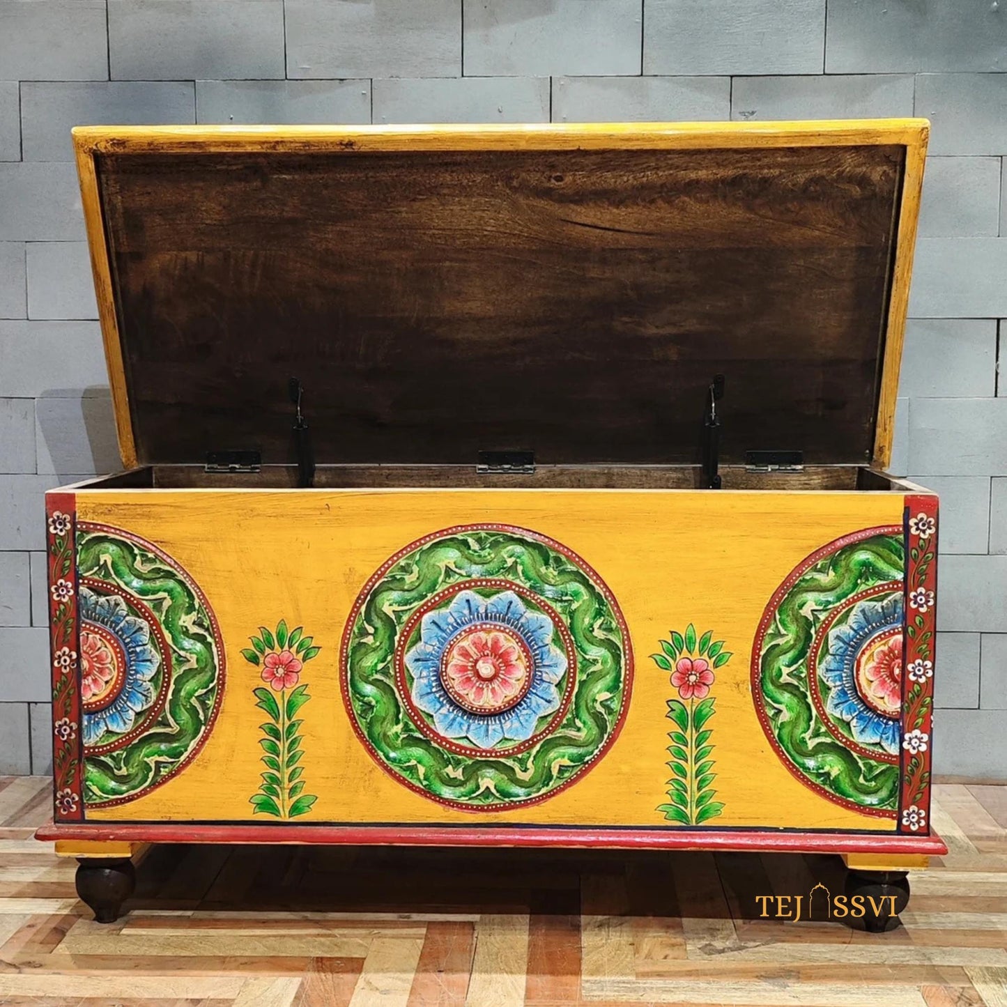 Wooden Cosmic Hand Carved Hand Painted Colourful Storage Trunk Table / Blanket Storage Unit / Wooden Bed Side Table / Wooden Carved Bench / Center Coffee Table.