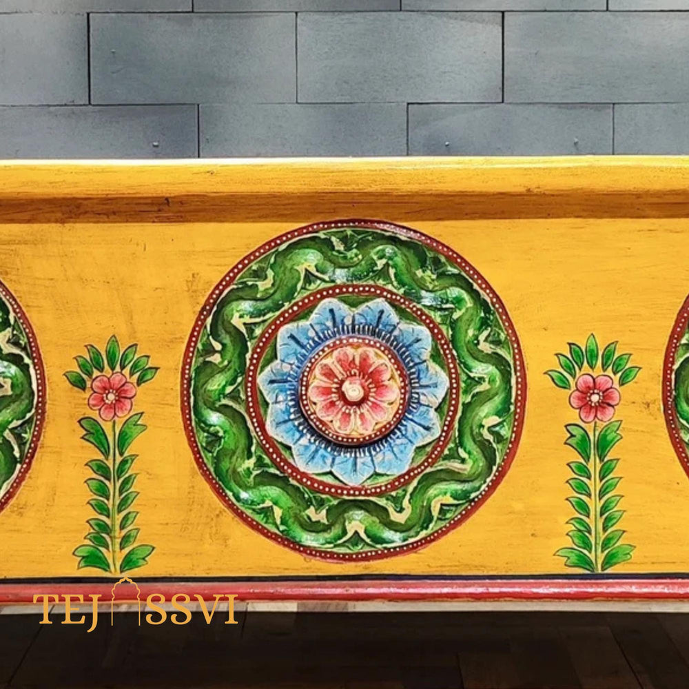 Wooden Cosmic Hand Carved Hand Painted Colourful Storage Trunk Table / Blanket Storage Unit / Wooden Bed Side Table / Wooden Carved Bench / Center Coffee Table.