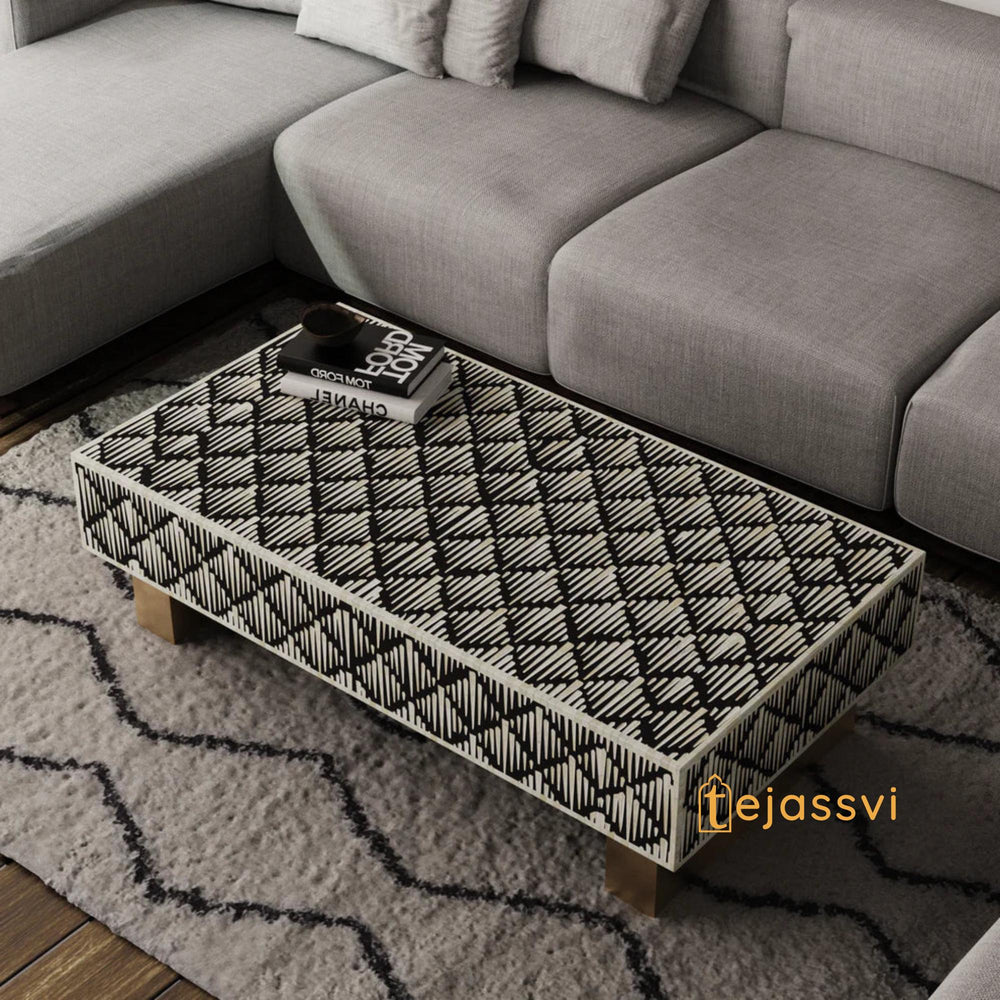Bone Inlay Coffee Table / Centre Table / Bone Inlay Strip Pettren Coffee Table Handmade Bone Inlay Modern Pattern Furniture Cocktail Table.