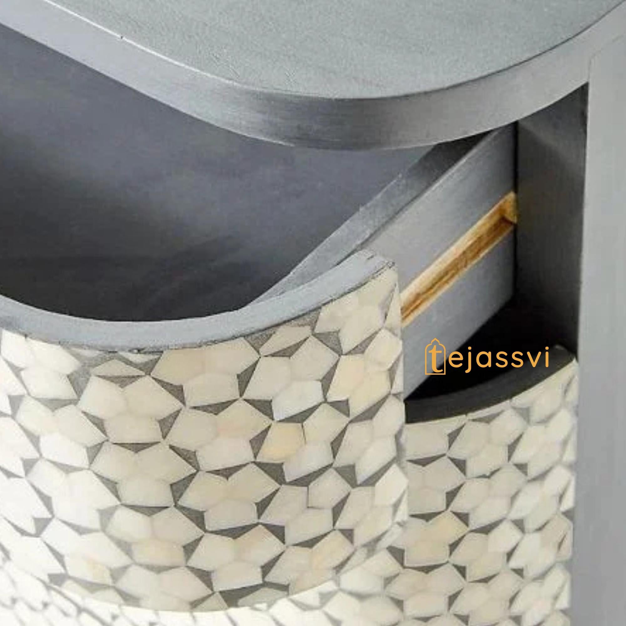 Bone Inlay Semi Round Geometric Pattern Design Bedside Table /Bone Inlay Night Table / Bone Inlay Side Table / Bone Inlay Chest of Drawers For Bedroom.