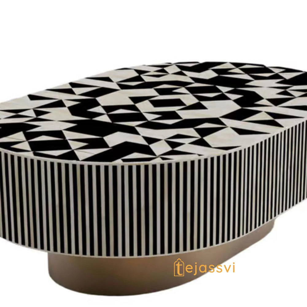 Bone Inlay Oval Coffee Table / Centre Table / Bone Inlay Floral Oval Coffee Table / Handmade Bone Inlay Modern Pattern Furniture.