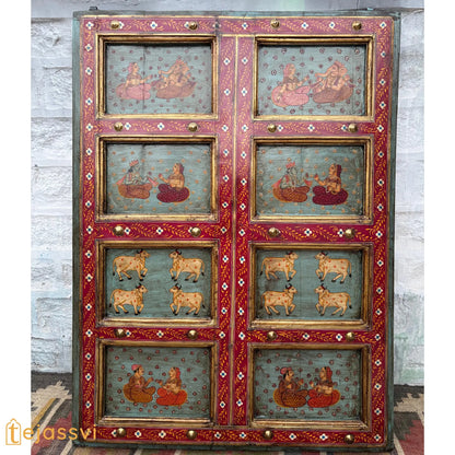 ANTIQUE Indian DOOR | Metal Fitted Handmade Hand painted SHRINATH Ji Wall Hanging Wall Panel Home Decor.