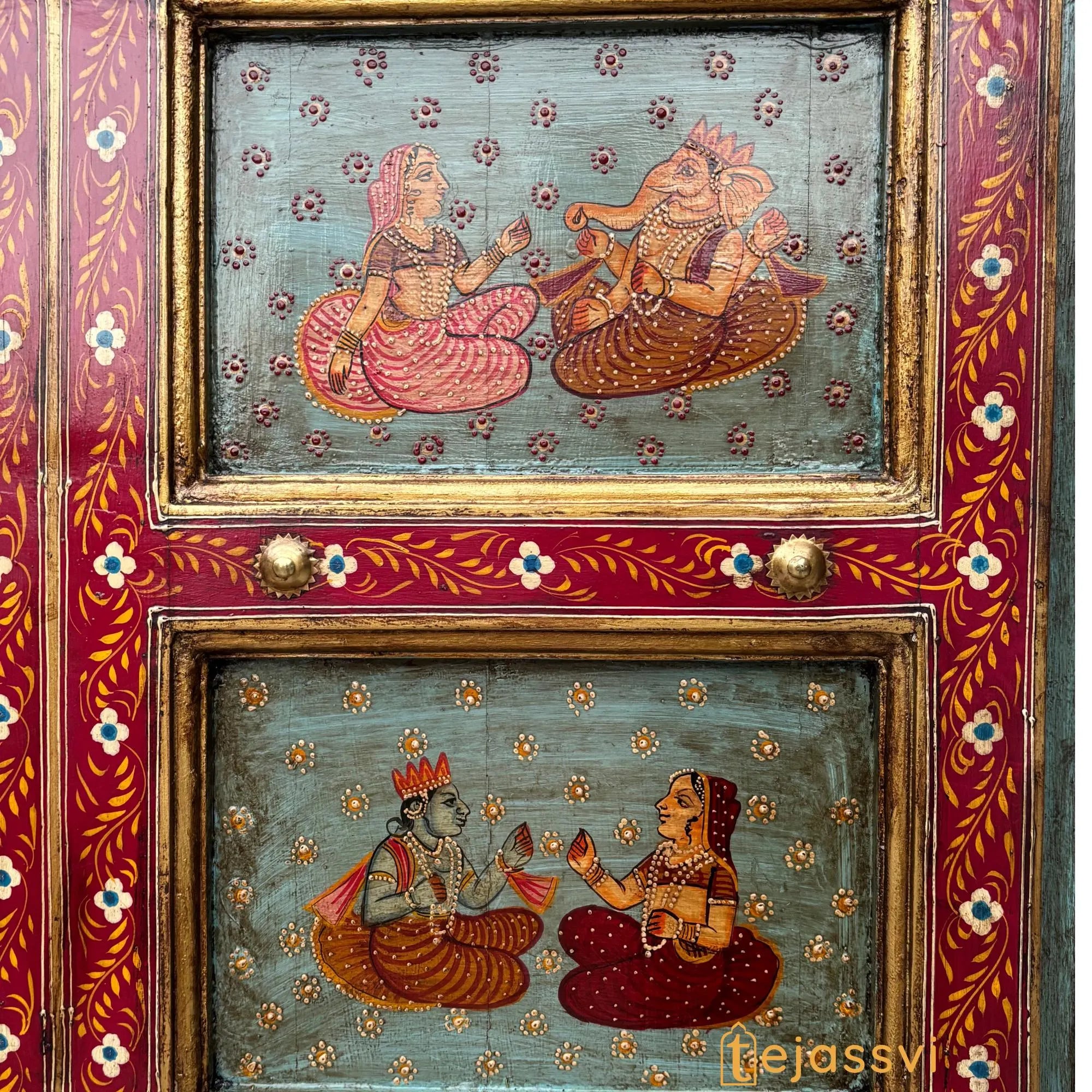 Antique Indian Door | Metal Fitted Handmade Hand Painted SHRINATH Ji Wall Hanging Wall Panel Home Décor.