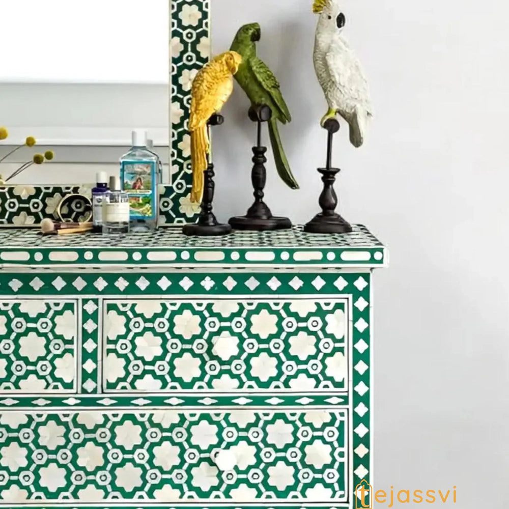 Bone Inlay Floral Pattern Chest of 4 Drawer / Bone 4 Drawer Dresser / Wooden Bone Inlay Chest of Drawers / Bone Inlay Furniture Sideboard Unit.