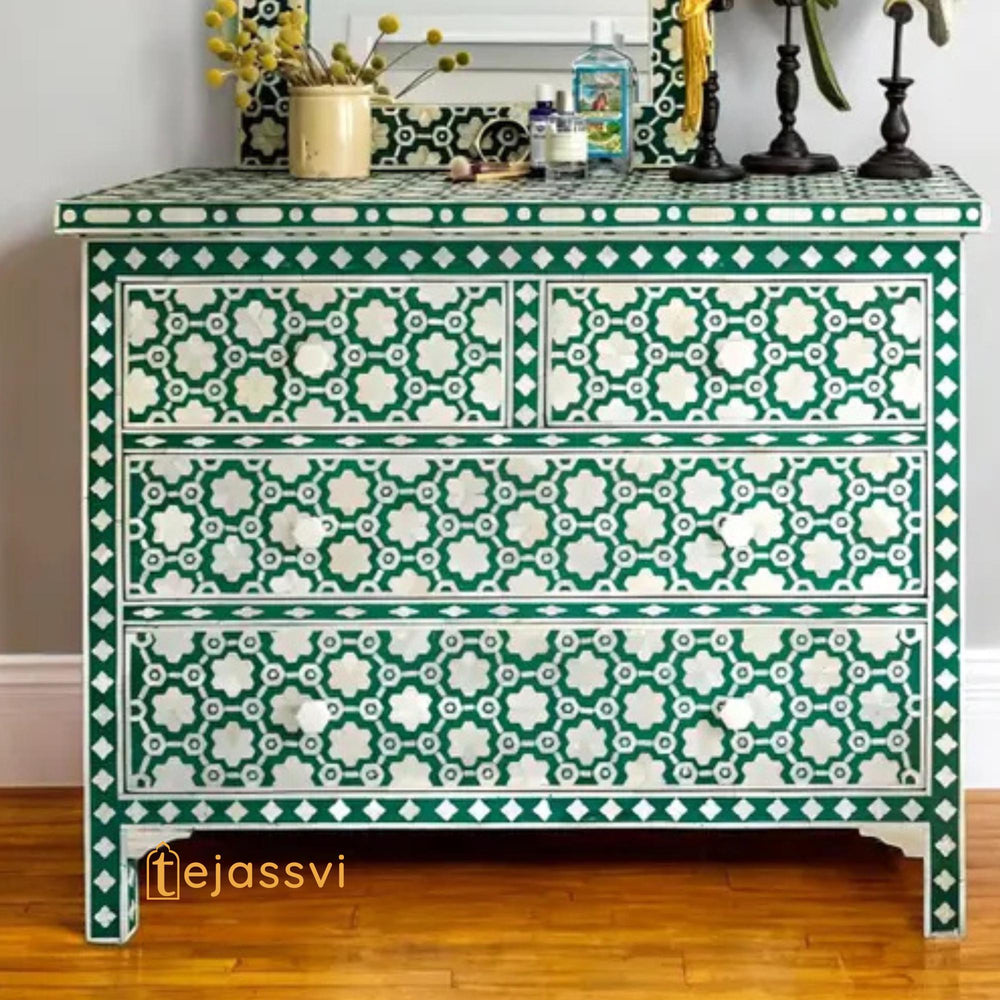 Bone Inlay Floral Pattern Chest of 4 Drawer / Bone 4 Drawer Dresser / Wooden Bone Inlay Chest of Drawers / Bone Inlay Furniture Sideboard Unit.