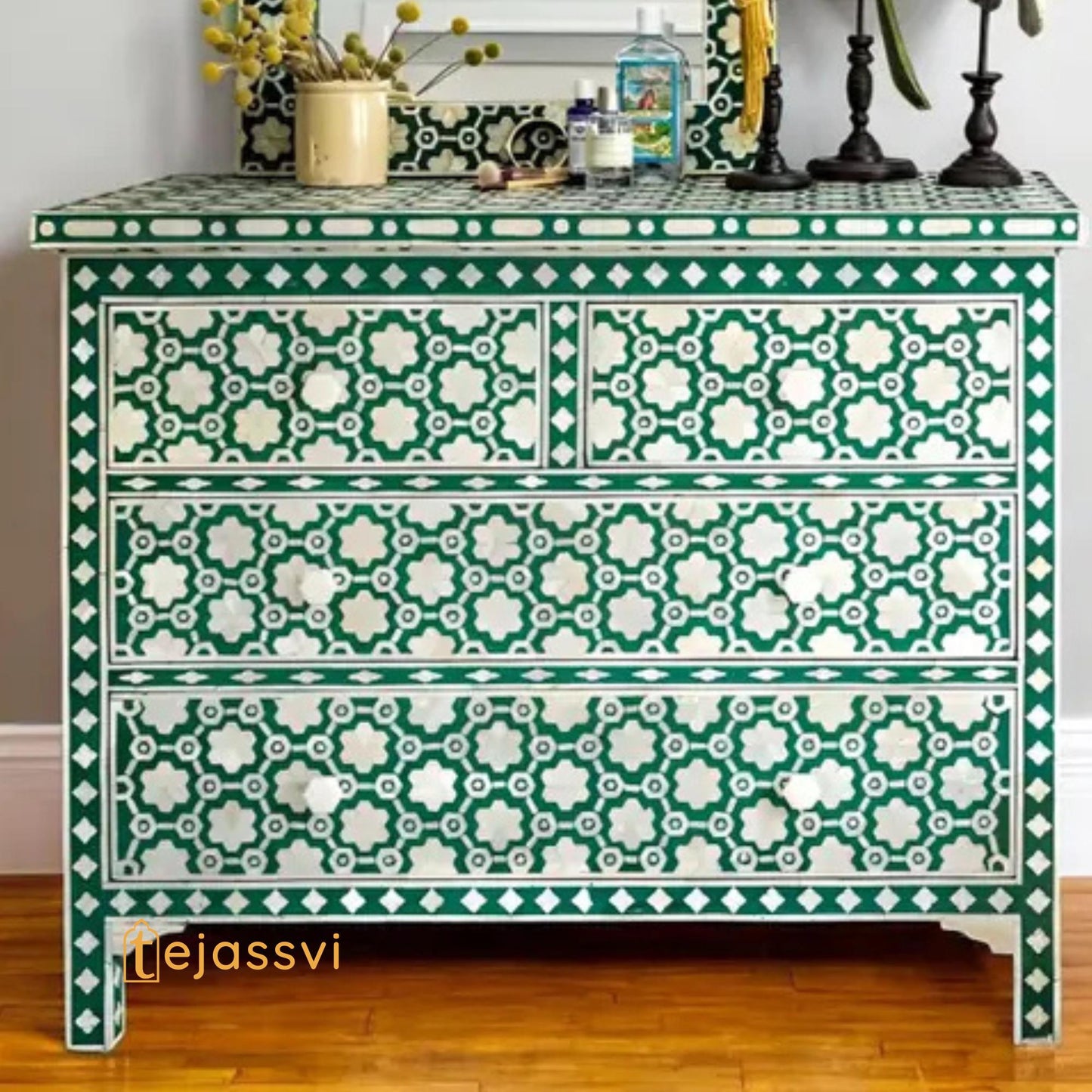 Bone Inlay  Floral Pattern Chest of 4 Drawer, 4 Drawer Dresser, wooden Bone Inlay Chest of Drawers, Bone Inlay Furniture Sideboard Unit.
