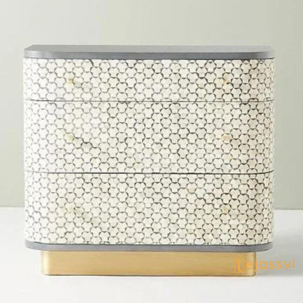 Bone Inlay Semi Round Geometric Pattern Design Bedside Table /Bone Inlay Night Table / Bone Inlay Side Table / Bone Inlay Chest of Drawers For Bedroom.