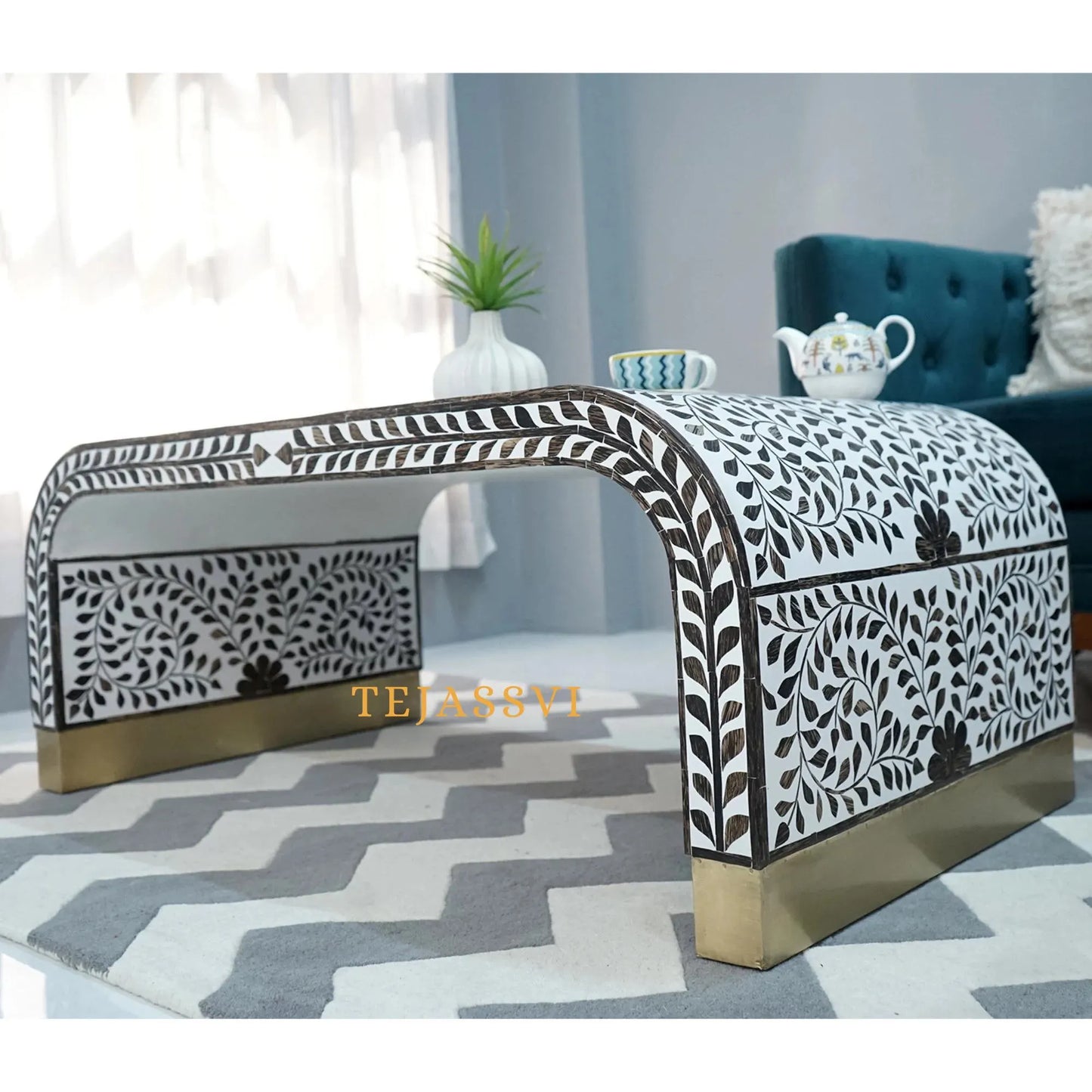 Handmade Wood Inlay Modern Console Table,Hall Way Entry Table, laptop table | Waterfall Coffee Table, Centre Table,Wood Inlay Cocktail Table