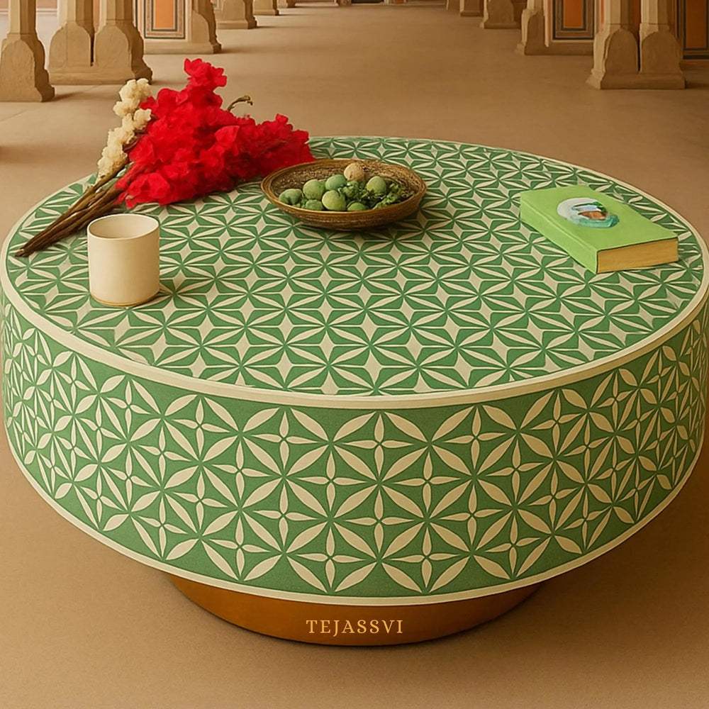 Bone Inlay Round Coffee Table / Bone Centre Table / Bone Inlay Floral Round Coffee Table / Handmade Bone Inlay Modern Pattern Furniture.