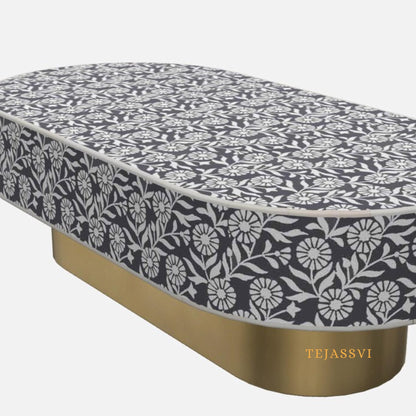 Bone Inlay Oval Coffee Table / Centre Table, MOP Inlay Floral Oval Coffee Table Handmade MOP Inlay Modern Pattern Furniture