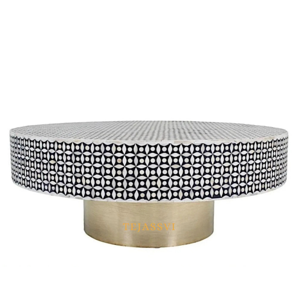 Bone Inlay Round Coffee Table / Centre Table / Bone Inlay Floral Design Round Coffee Table /Handmade Bone Inlay Modern Pattern Furniture.