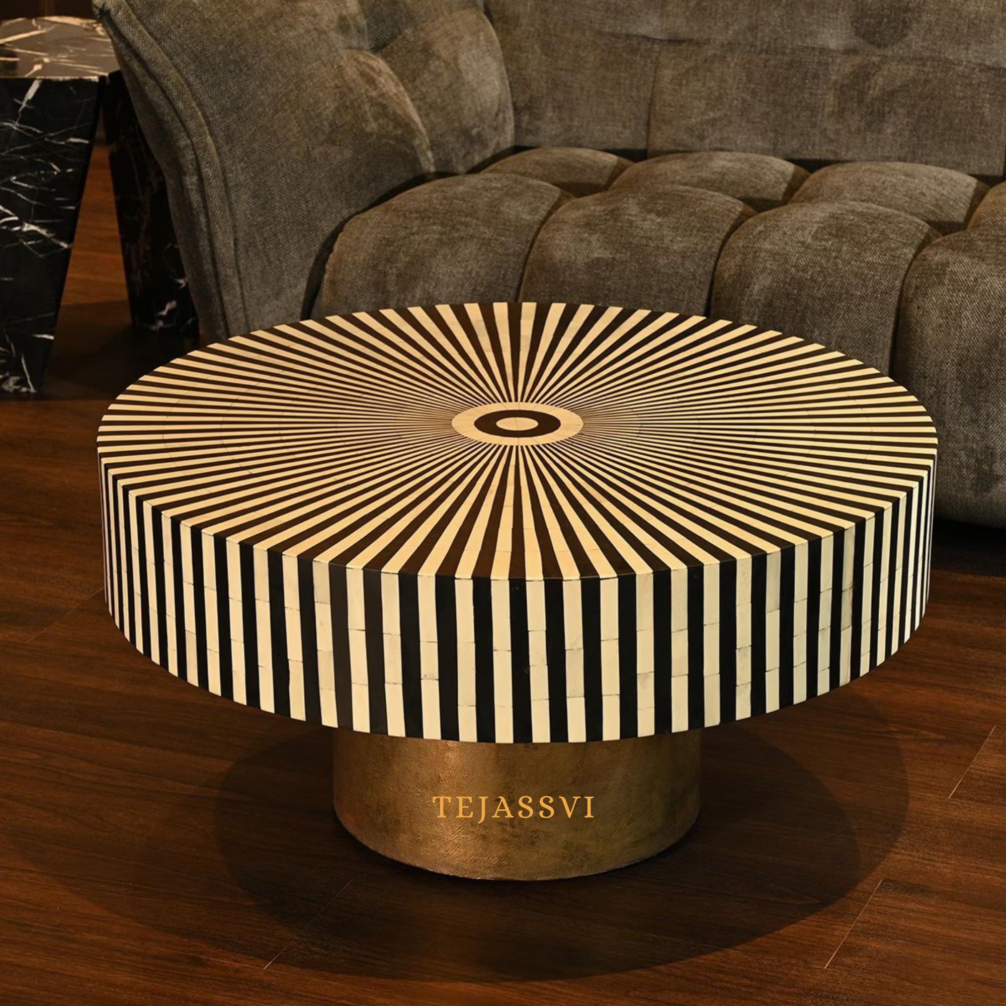 Bone Inlay Round Coffee Table / Centre Table / Bone Inlay Floral Design Round Coffee Table /Handmade Bone Inlay Modern Pattern Furniture.