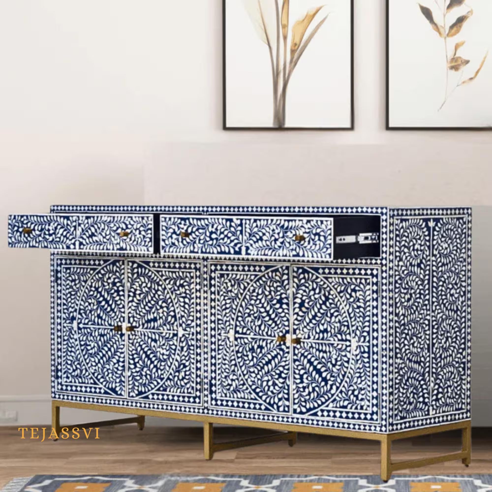 Bone Inlay Furniture - Bone inlay Sideboard With Brass Leg / Bone Inlay Chest of Drawers / Bone Inlay Drawers Dresser / Bone Inlay Console.