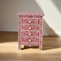 Bone Inlay 4-Drawer Nightstand in Pink Color | Handmade Bone Inlay Lamp Side Table | Bone Inlay Bedside Table Chest of 4-Drawer | Bone Inlay furniture.