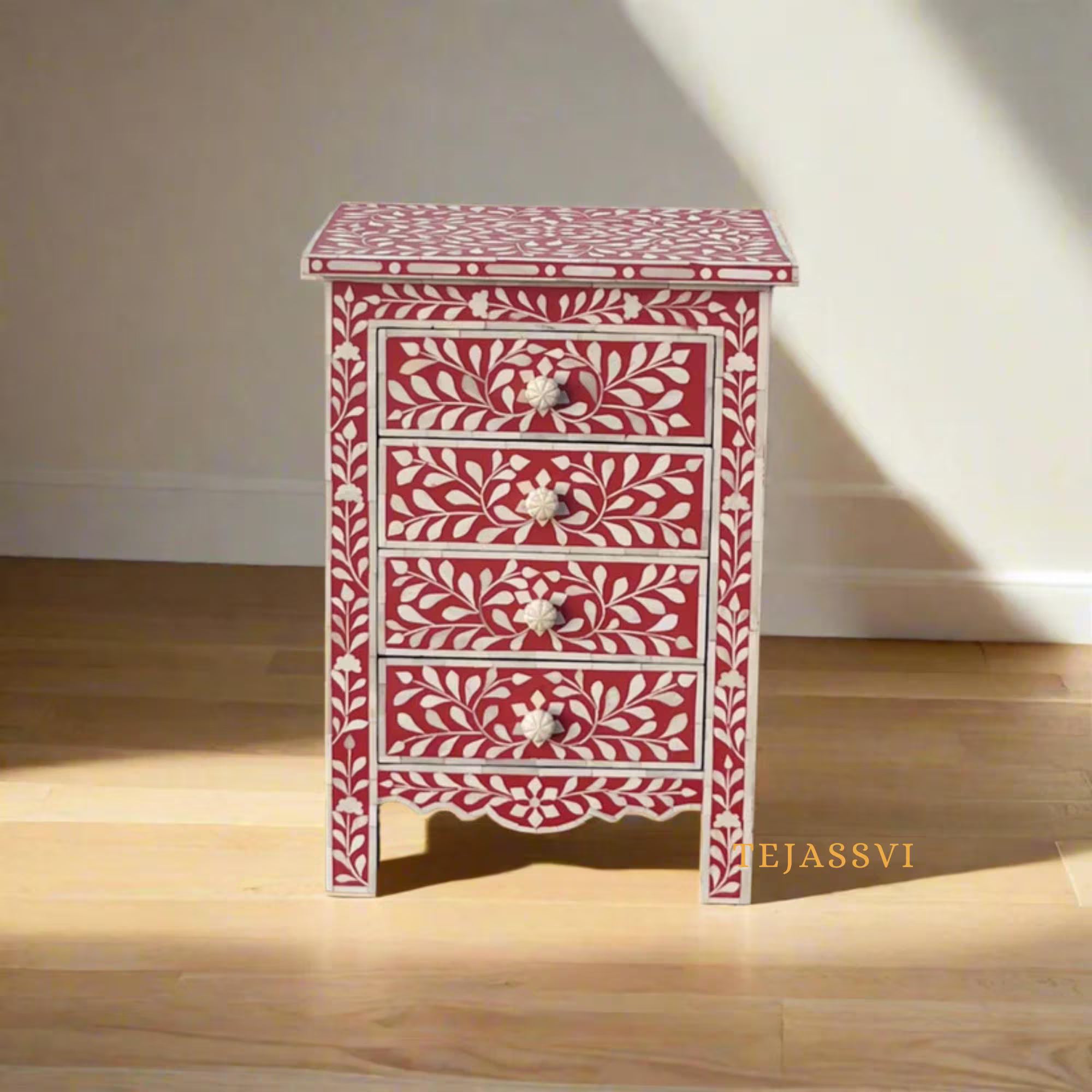 Bone Inlay 4-Drawer Nightstand in Pink Color | Handmade Bone Inlay Lamp Side Table | Bone Inlay Bedside Table Chest of 4-Drawer | Bone Inlay furniture.