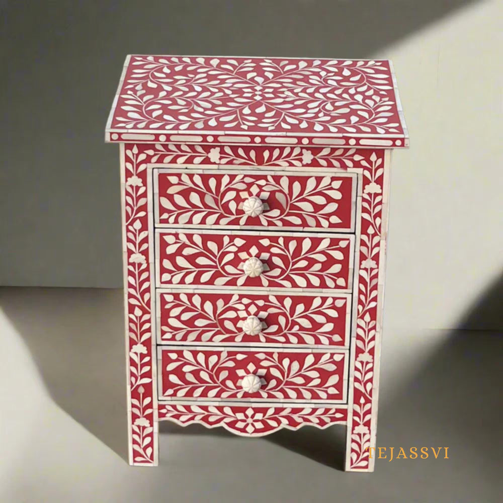 Bone Inlay 4-Drawer Nightstand in Pink Color | Handmade Bone Inlay Lamp Side Table | Bone Inlay Bedside Table Chest of 4-Drawer | Bone Inlay furniture.