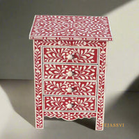 Bone Inlay 4-Drawer Nightstand in Pink Color | Handmade Bone Inlay Lamp Side Table | Bone Inlay Bedside Table Chest of 4-Drawer | Bone Inlay furniture.