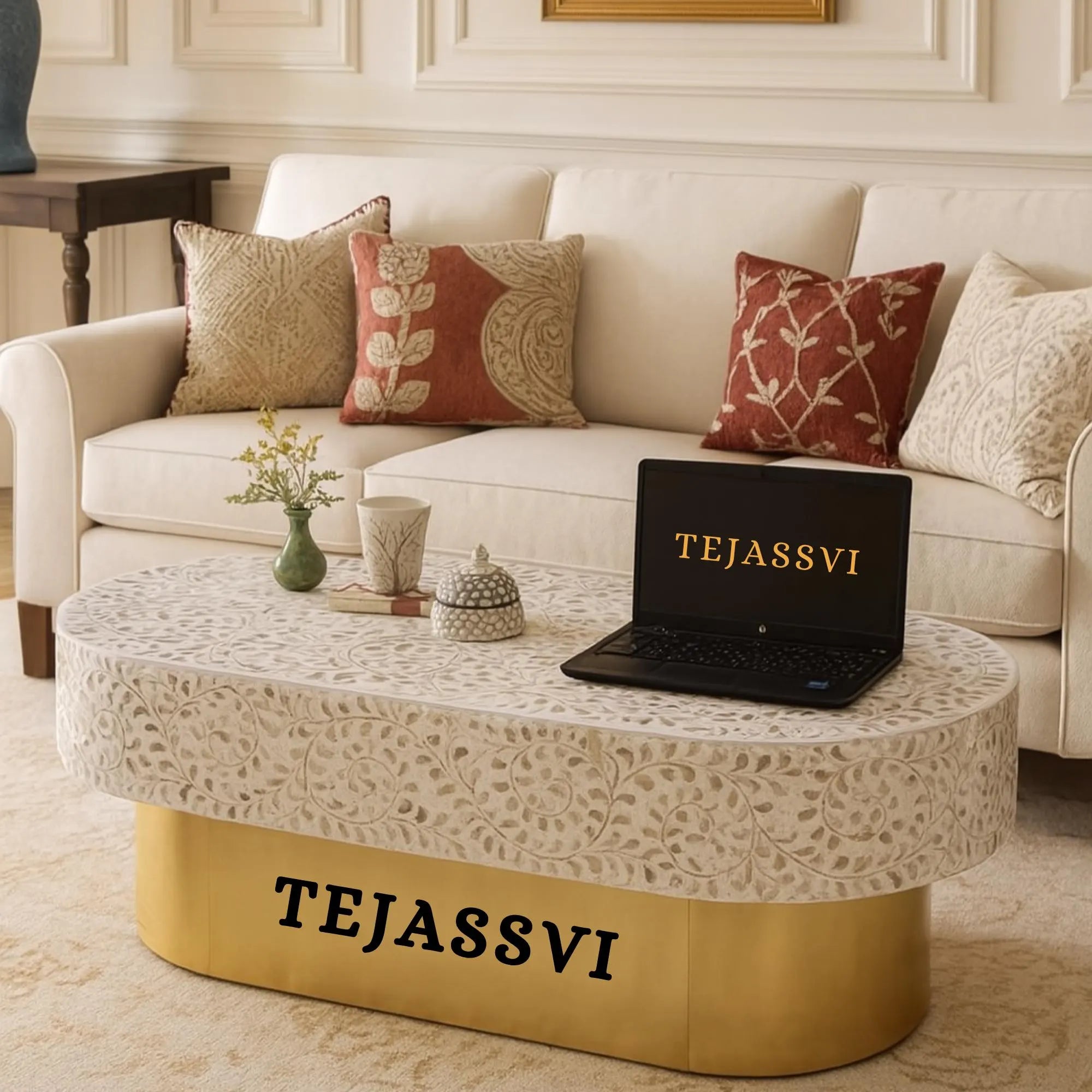 Mother of pearl Inlay Oval Coffee Table / Centre Table / MOP Inlay Floral Oval Coffee Table / Handmade MOP Inlay Modern Pattern Furniture.