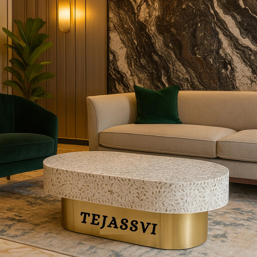 Mother of pearl Inlay Oval Coffee Table / Centre Table / MOP Inlay Floral Oval Coffee Table / Handmade MOP Inlay Modern Pattern Furniture.