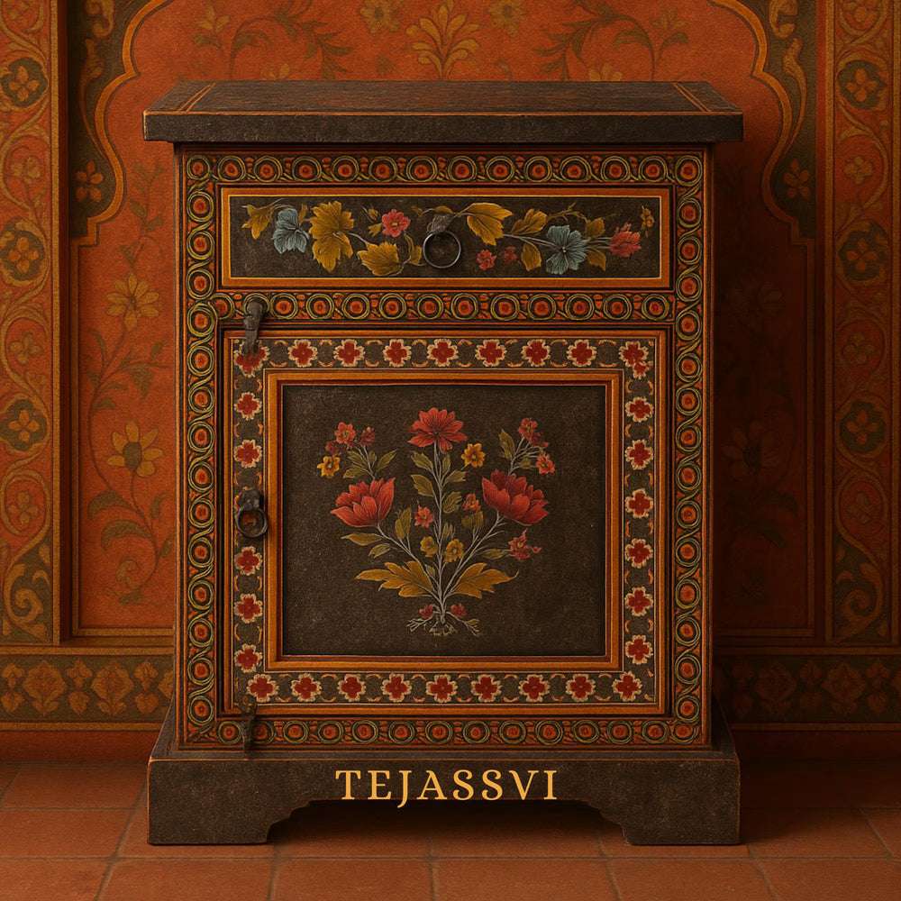 Wooden Rajasthani Indian Bedside Furniture / Home Décor Side Table With Chest Drawer / Hand Painted With Finish Polished / Living Room Cabinet
