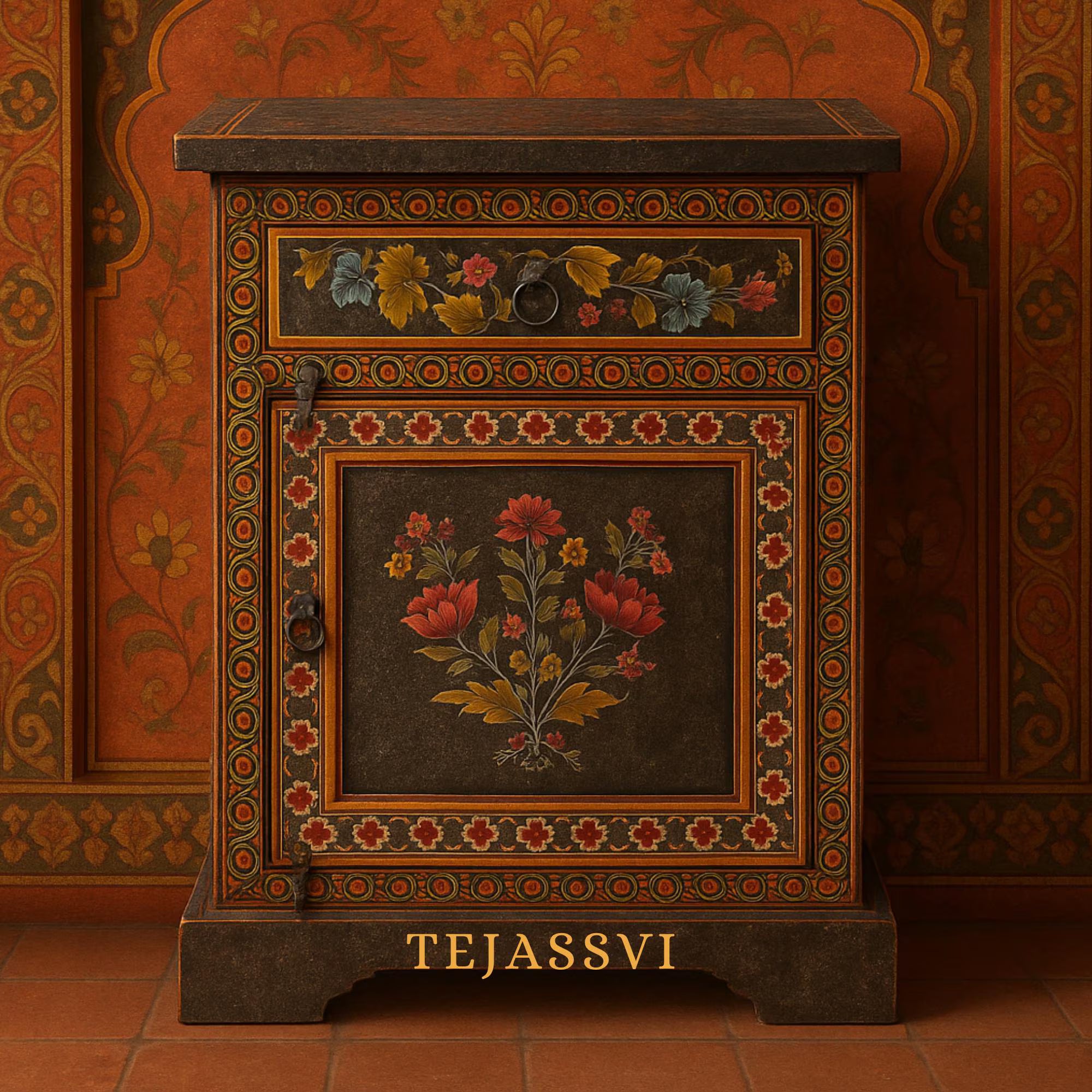Wooden Rajasthani Indian Bedside Furniture / Home Décor Side Table With Chest Drawer / Hand Painted With Finish Polished / Living Room Cabinet