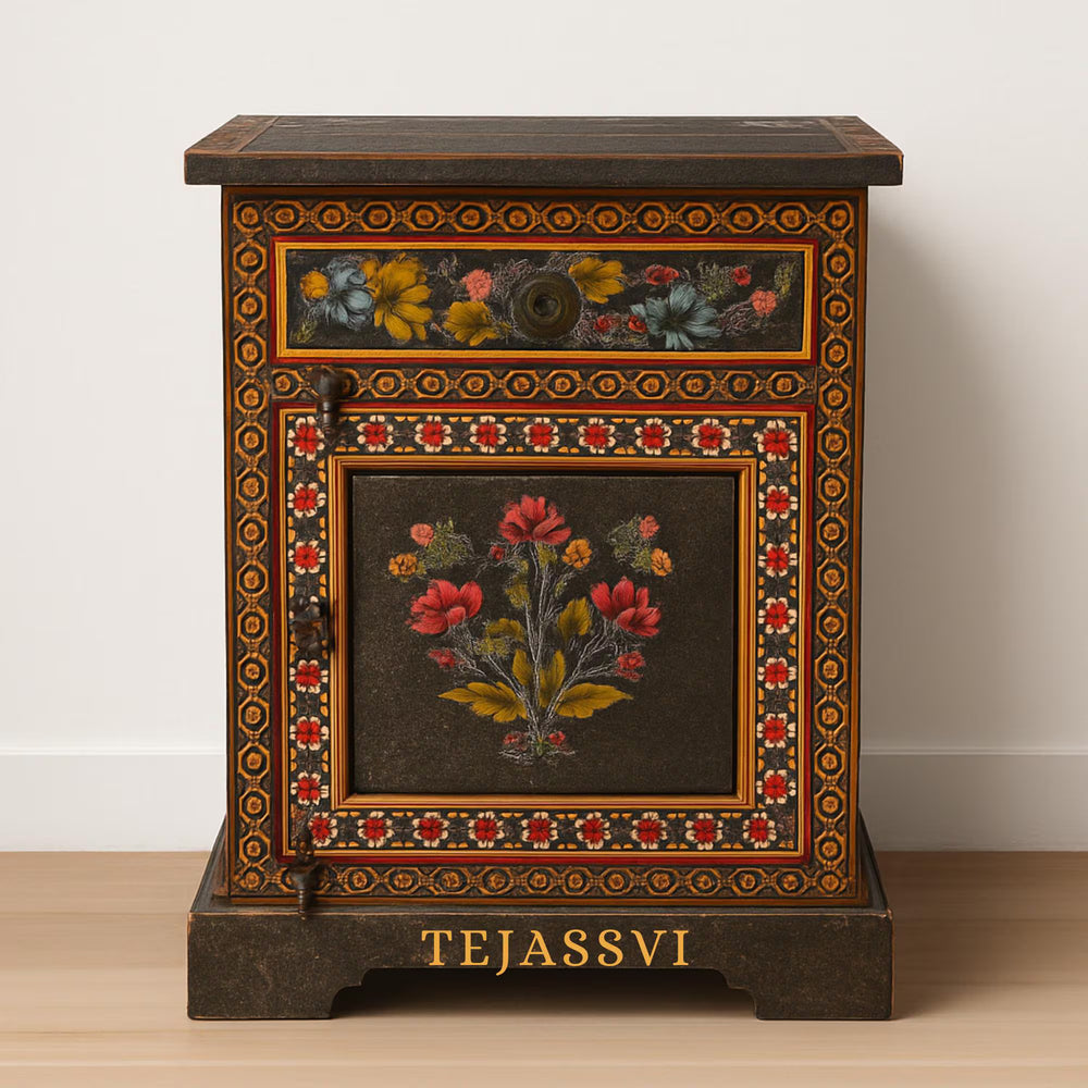 Wooden Rajasthani Indian Bedside Furniture / Home Décor Side Table With Chest Drawer / Hand Painted With Finish Polished / Living Room Cabinet