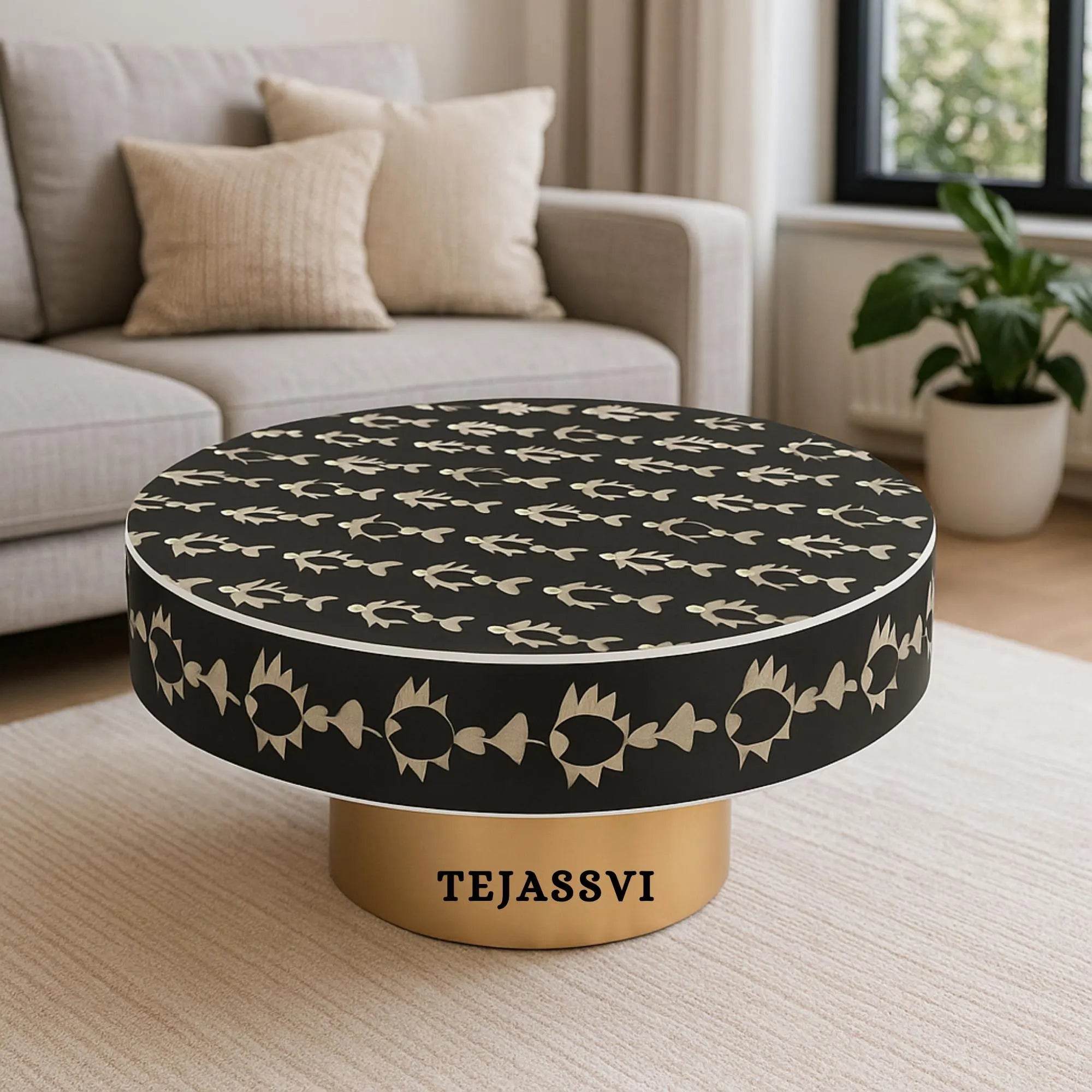 Bone Inlay Round Coffee Table / Round Centre Table / Bone Inlay Round Coffee Table / Handmade Bone Inlay Modern Pattern Furniture Cocktail Table.