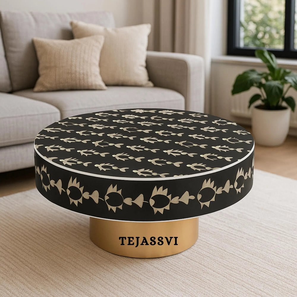 Bone Inlay Round Coffee Table / Round Centre Table / Bone Inlay Round Coffee Table / Handmade Bone Inlay Modern Pattern Furniture Cocktail Table.