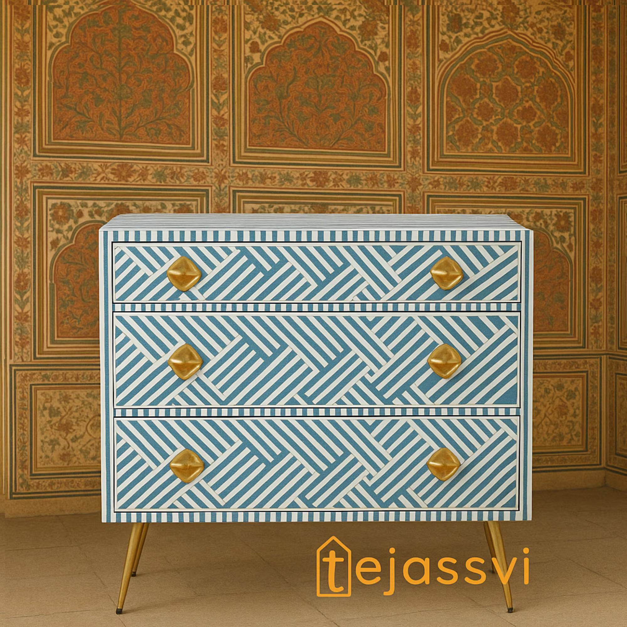 Wooden Bone Inlay stripe Design Chest of 3 Drawers / Bone Inlay Dresser / Bone Inlay Sideboard / Bone Inlay Furniture / Bone Inlay Cabinet.