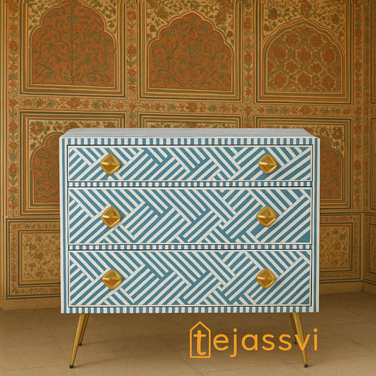 Wooden Bone Inlay Chest of 3 Drawers stripe Blue with Brass Legs, Bone Inlay Dresser, Bone Inlay Sideboard, Bone Inlay Furniture, Optical Cabinet.