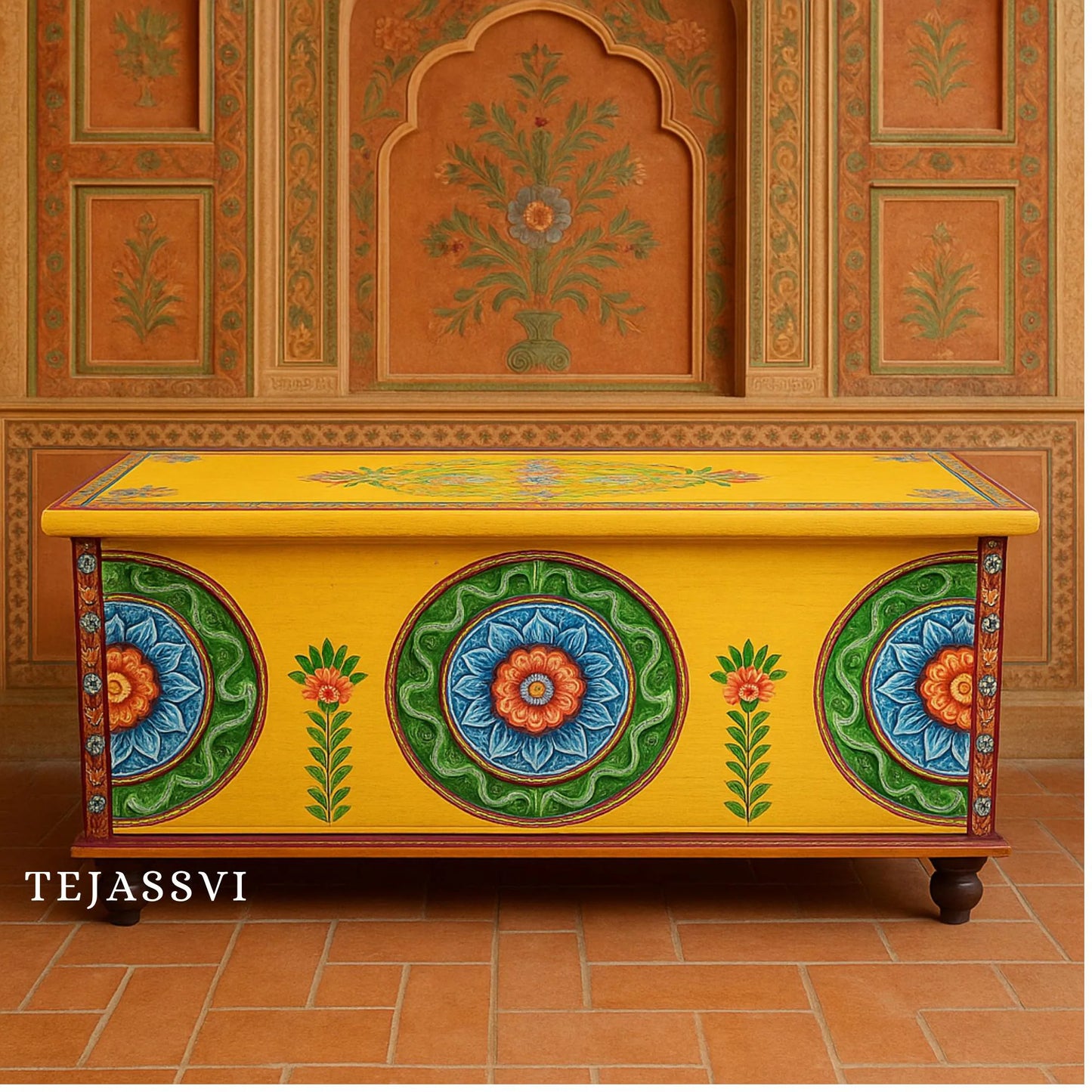 Wooden Cosmic Hand Carved Hand Painted Colourful Storage Trunk Table / Blanket Storage Unit / Wooden Bed Side Table / Wooden Carved Bench / Center Coffee Table.