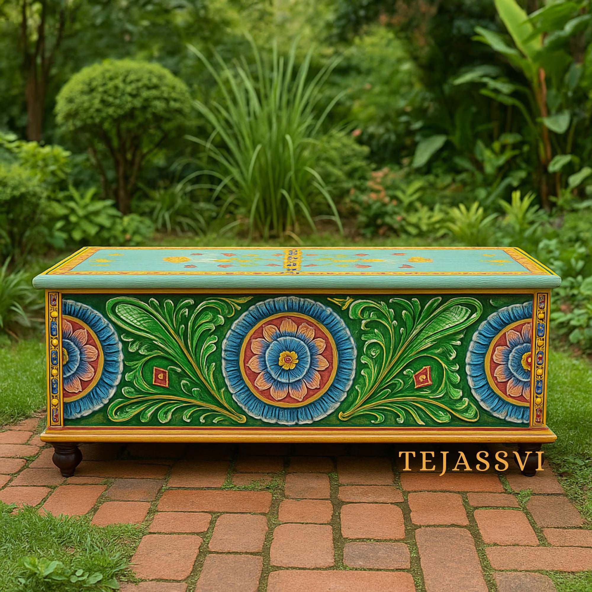Wooden Hand Carved Hand Painted Colorful Storage Trunk Table / Blanket Storage Unit / Bed Side Table /  Carved Bench / Wooden Center Table.
