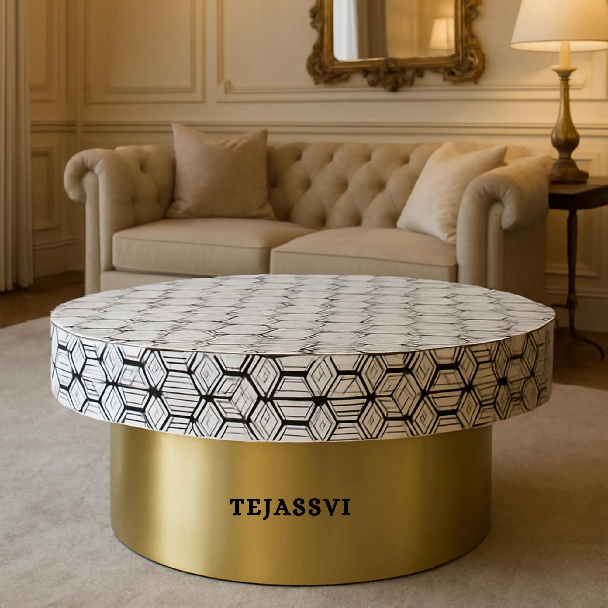 Bone Inlay Round Coffee Table / Centre Table / Bone Inlay Floral Design Round Coffee Table /Handmade Bone Inlay Modern Pattern Furniture.