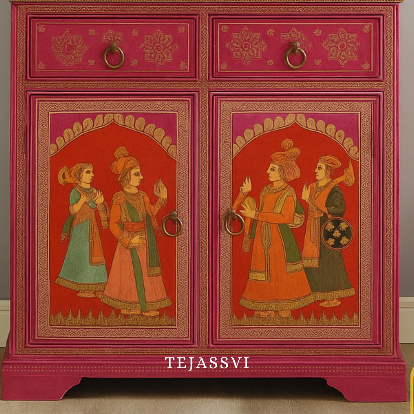 Indian artistry hand painted Beautiful King Queen designed wooden Cabinet For Home Décor/Side Cabinet/Living Room Decor Cabinet/Furniture.