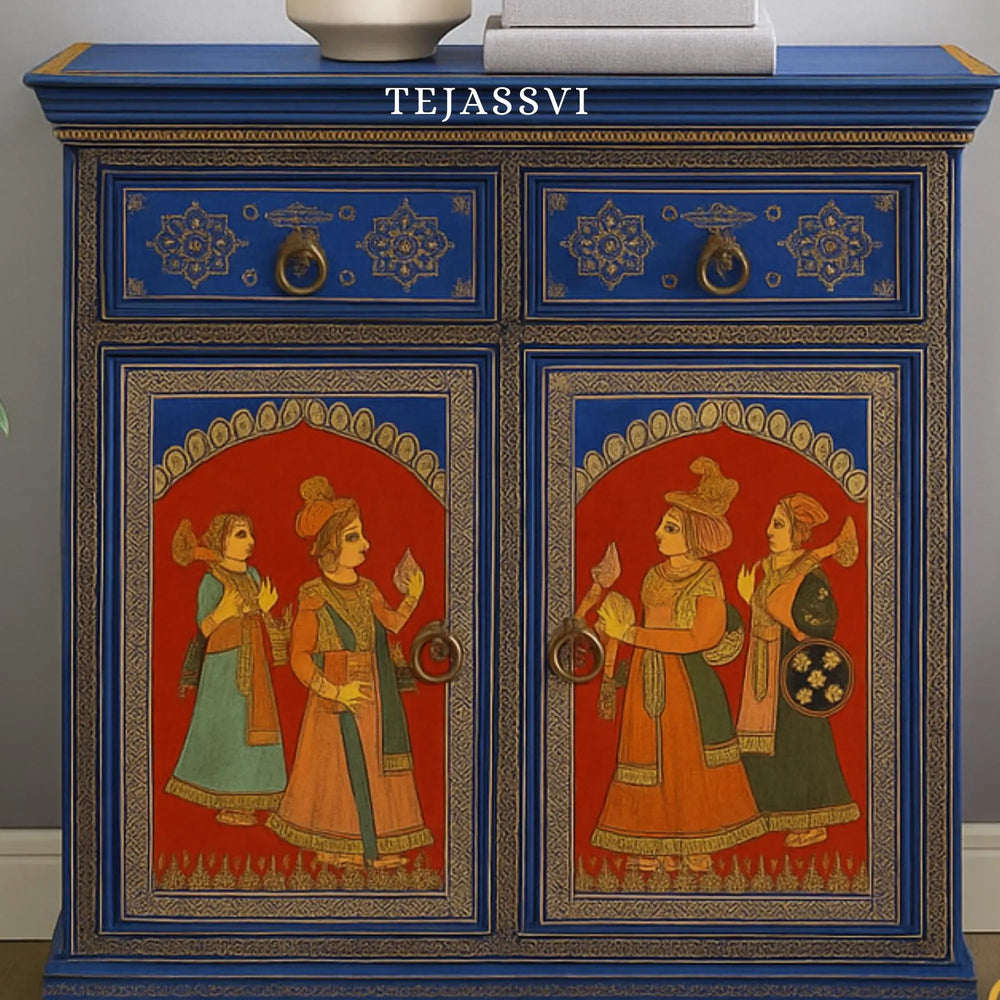 Indian Artistry Hand Painted Beautiful King Queen Designed Wooden Cabinet For Home Décor / Side Cabinet / Living Room Décor Cabinet / Wooden Furniture.